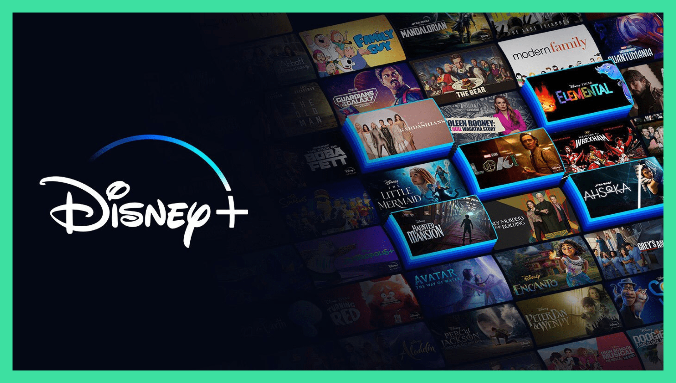 A picture of the Disney + logo and font with some movie previews on the background