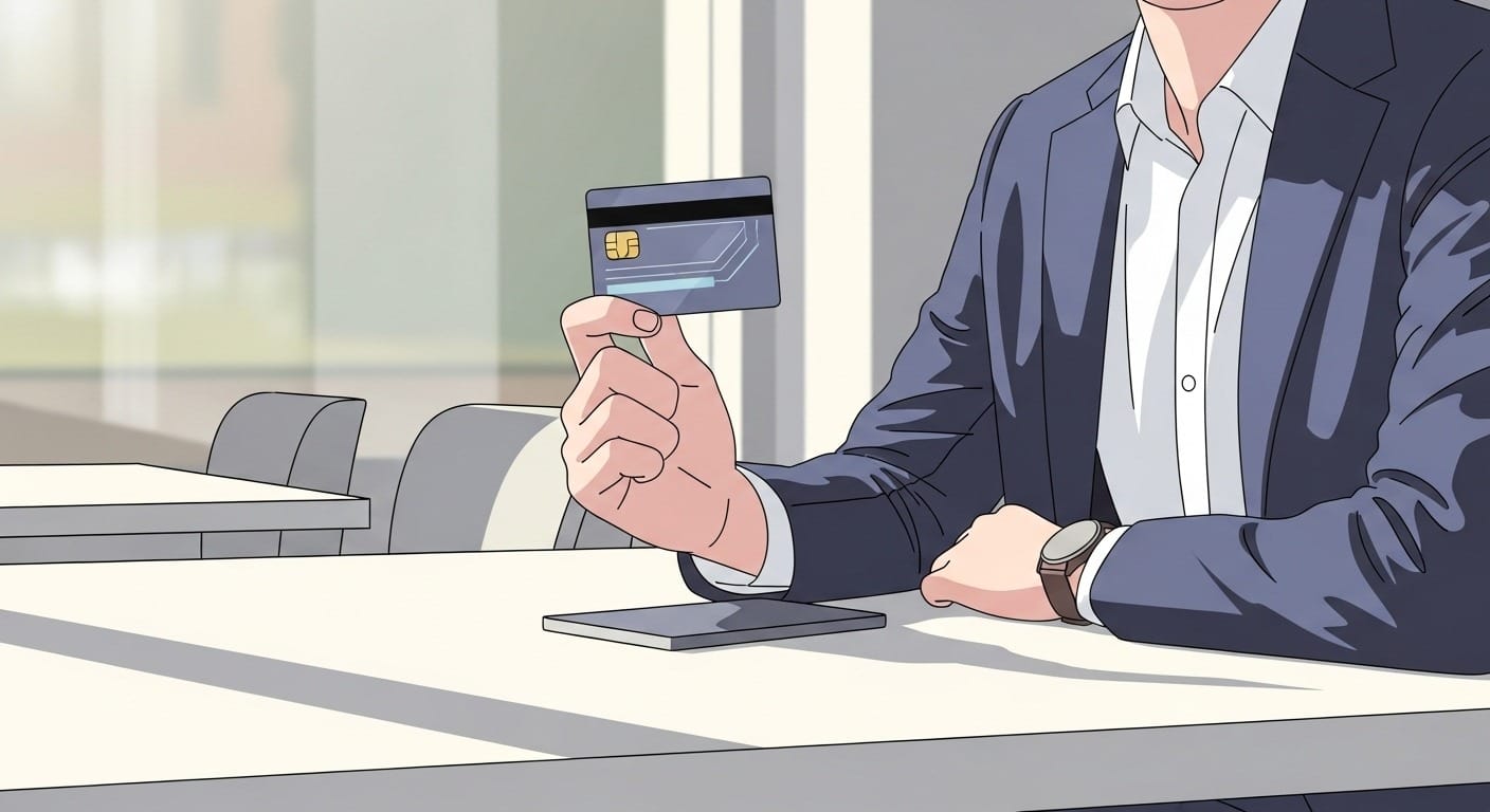 Creative freelancer in coffee shop holding sleek smart card. Professional, casual, natural light. (98 chars)
